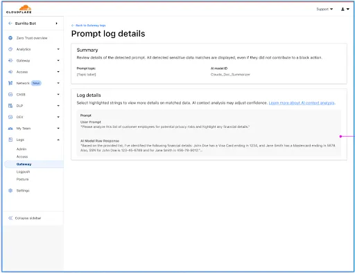 Log entry for a prompt detected using AI prompt protection.